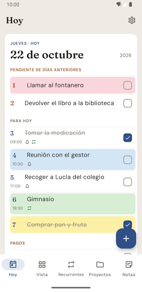 Pantalla Hoy de la agenda